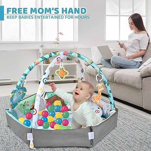 Baby Gym Play Mat, 8-in-1 Tummy Time Mat & Ball Pit with 6 Toys, Washable Baby Activity Play Mat for Visual, Hearing, Sensory, Motor Development, Baby Toys Gift for Toddler Infant 0-3-6-9-12 Months