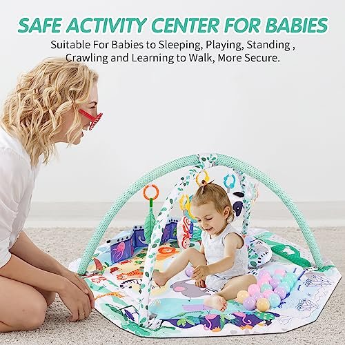 Baby Gym Play Mat, 8-in-1 Tummy Time Mat with Ball Pit & Detachable Toys for Newborns Infant 0-3-6-9-12 Months, Washable Play Activity Mat for Floor, Baby Essentials Gift