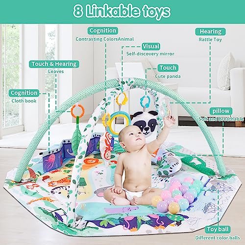 Baby Gym Play Mat, 8-in-1 Tummy Time Mat with Ball Pit & Detachable Toys for Newborns Infant 0-3-6-9-12 Months, Washable Play Activity Mat for Floor, Baby Essentials Gift