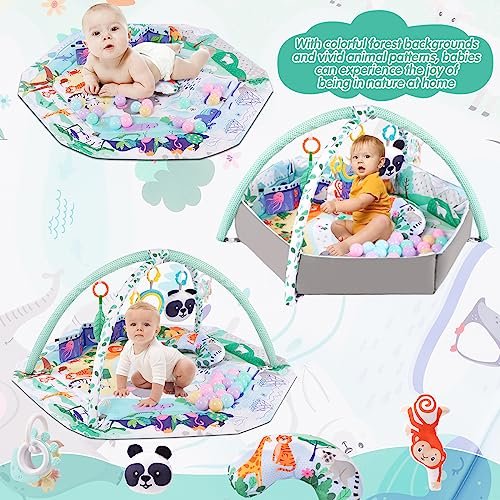 Baby Gym Play Mat, 8-in-1 Tummy Time Mat with Ball Pit & Detachable Toys for Newborns Infant 0-3-6-9-12 Months, Washable Play Activity Mat for Floor, Baby Essentials Gift