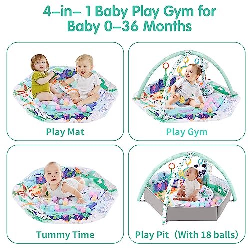 Baby Gym Play Mat, 8-in-1 Tummy Time Mat with Ball Pit & Detachable Toys for Newborns Infant 0-3-6-9-12 Months, Washable Play Activity Mat for Floor, Baby Essentials Gift