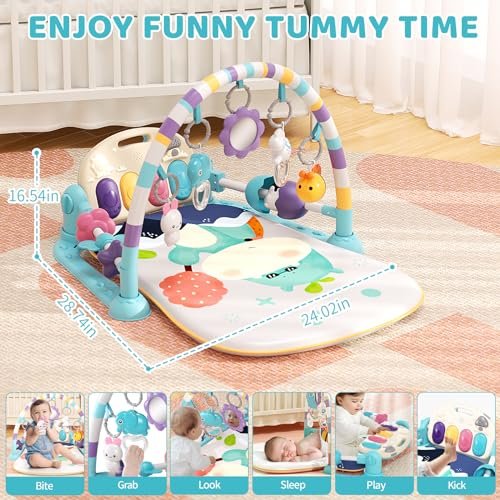 Baby Gym With Kick and Play Piano, Activity Mat for Tummy Time With 5 Infant Learning Sensory, Music and Lights for Newborn Boy or Girl (Green)