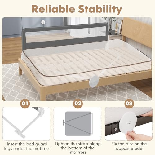 BABY JOY Bed Rails for Toddlers, 71'' Extra Long, Swing Down Bed Guard w/Safety Strap, Folding Baby Bedrail for Kids Twin, Double, Full Size Queen & King Mattress (71-Inch, Gray)