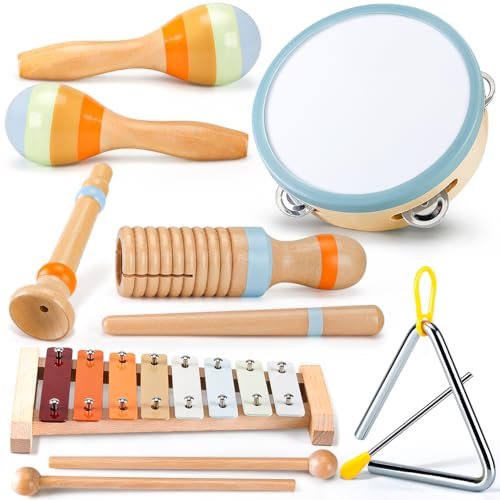 Baby Musical Instruments for Toddlers 1-3: Montessori Music Toys for Kids Age 3-5 - Wooden Percussion Instruments Set with Boho Xylophone Tambourine Baby Maracas for 1 2 3 Year Old