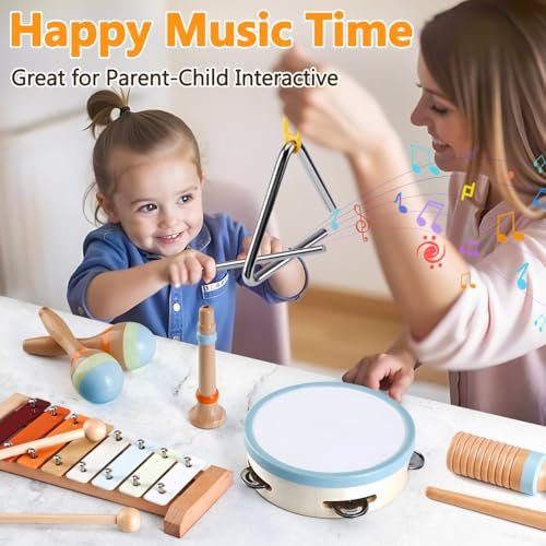 Baby Musical Instruments for Toddlers 1-3: Montessori Music Toys for Kids Age 3-5 - Wooden Percussion Instruments Set with Boho Xylophone Tambourine Baby Maracas for 1 2 3 Year Old