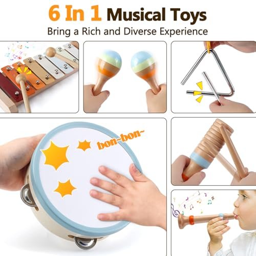 Baby Musical Instruments for Toddlers 1-3: Montessori Music Toys for Kids Age 3-5 - Wooden Percussion Instruments Set with Boho Xylophone Tambourine Baby Maracas for 1 2 3 Year Old