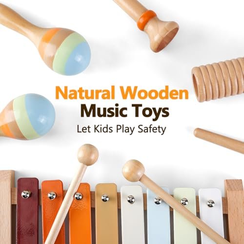 Baby Musical Instruments for Toddlers 1-3: Montessori Music Toys for Kids Age 3-5 - Wooden Percussion Instruments Set with Boho Xylophone Tambourine Baby Maracas for 1 2 3 Year Old