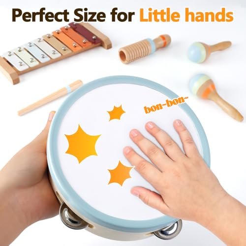 Baby Musical Instruments for Toddlers 1-3: Montessori Music Toys for Kids Age 3-5 - Wooden Percussion Instruments Set with Boho Xylophone Tambourine Baby Maracas for 1 2 3 Year Old
