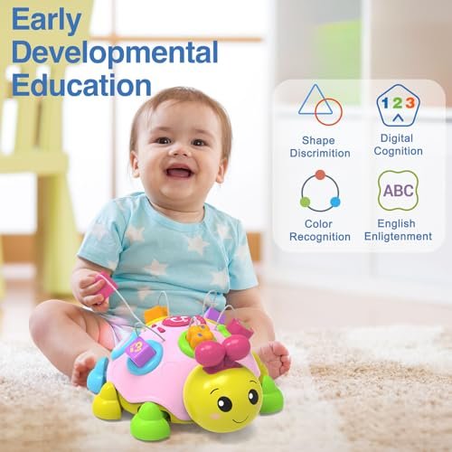 Baby Musical Ladybug Crawling Toys,Baby Toy 6-12 Months with Light-up Music, Early Educational Learning Montessori Toy, Infant Gift Toys for 7 8 9 10 11 Months 1-2 Years Old Newborn Girls (Pink)