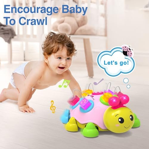 Baby Musical Ladybug Crawling Toys,Baby Toy 6-12 Months with Light-up Music, Early Educational Learning Montessori Toy, Infant Gift Toys for 7 8 9 10 11 Months 1-2 Years Old Newborn Girls (Pink)