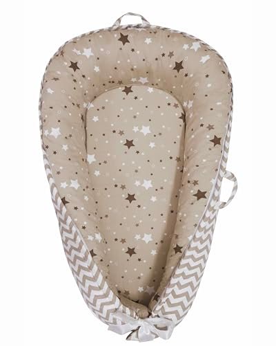 Baby Nest, Baby Lounger, Organic Cotton Lounger for Baby, Reversible Breathable Adjustable Portable - Star Collection (Tan)