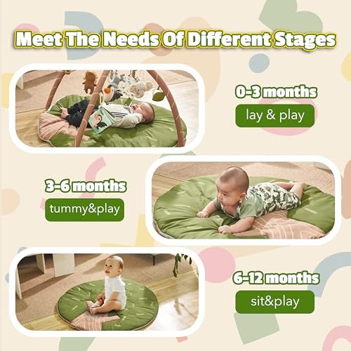 Baby Play Gym Mat - Jungle Safari Activity Mat with 8 Detachable Toys for Sensory Development - Thick, Oversized, Washable and Non-Slip Bottom Playmat - Perfect Tummy Time Mat for Baby