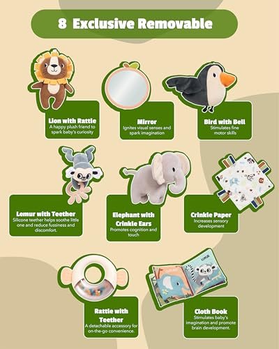 Baby Play Gym Mat - Jungle Safari Activity Mat with 8 Detachable Toys for Sensory Development - Thick, Oversized, Washable and Non-Slip Bottom Playmat - Perfect Tummy Time Mat for Baby