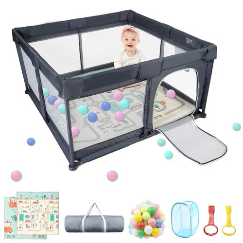 Baby Playpen 50" x 50", Baby Play Pen with Mat Portable Playpen for Babies and Toddlers for Indoor & Outdoor, Sturdy Safety Play Yard with Soft Breathable Mesh, Anti-Fall - DK. Grey