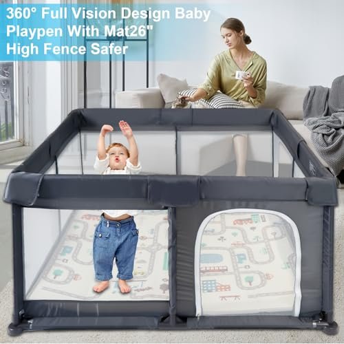 Baby Playpen 50" x 50", Baby Play Pen with Mat Portable Playpen for Babies and Toddlers for Indoor & Outdoor, Sturdy Safety Play Yard with Soft Breathable Mesh, Anti-Fall - DK. Grey