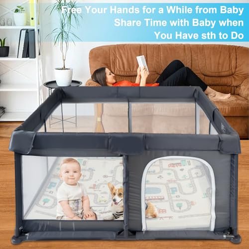 Baby Playpen 50" x 50", Baby Play Pen with Mat Portable Playpen for Babies and Toddlers for Indoor & Outdoor, Sturdy Safety Play Yard with Soft Breathable Mesh, Anti-Fall - DK. Grey