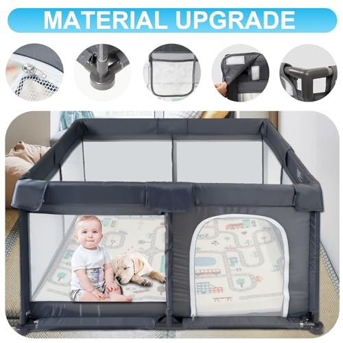 Baby Playpen 50" x 50", Baby Play Pen with Mat Portable Playpen for Babies and Toddlers for Indoor & Outdoor, Sturdy Safety Play Yard with Soft Breathable Mesh, Anti-Fall - DK. Grey