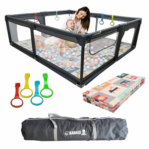 Baby Playpen with Mat 71x59 Inch Large Playpen for Babies and Toddlers Playard with Zipper Gate Safety Fence Play Pen with Soft Breathable Mesh Indoor & Outdoor Kids Activity with Playmat Dark Gray