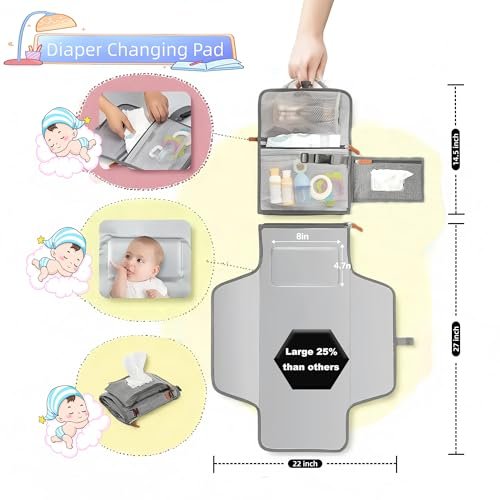 Baby Portable Diaper Changing Pad, Waterproof Travel Changing Mat with Built-in Pillow, Large Detachable Changing Pad for Newborn Girl & Boy Essentials with Smart Wipes Pocket (Changing Mat 27"x22")