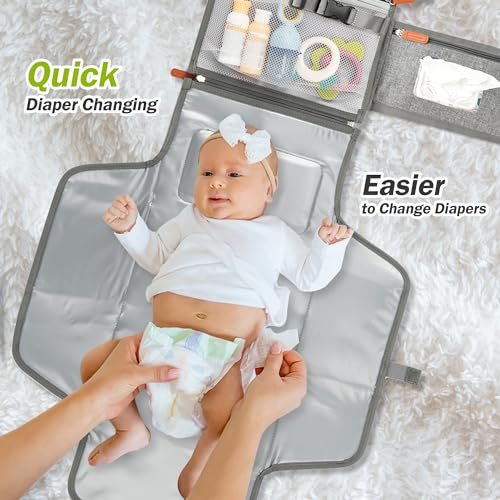 Baby Portable Diaper Changing Pad, Waterproof Travel Changing Mat with Built-in Pillow, Large Detachable Changing Pad for Newborn Girl & Boy Essentials with Smart Wipes Pocket (Changing Mat 27"x22")