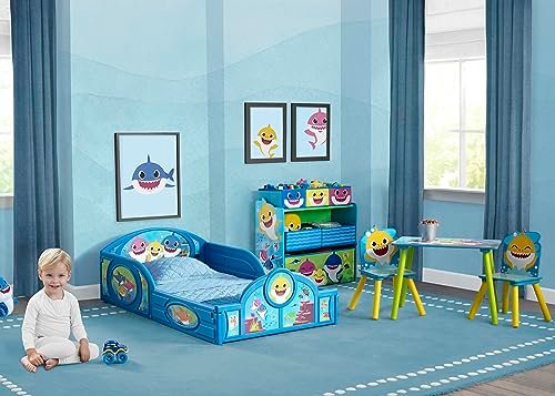 Baby Shark Plastic Sleep and Play Plastic Toddler Bed with Attached Guardrails by Delta Children, Blue