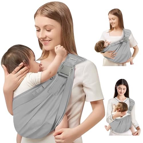 Baby Sling Carrier Newborn to Toddler,Updated Adjustable One Shoulder Labor-Saving Baby Holder Carrier,Tollder Sling Carrying 7-45 lbs(All-Season-Gray)