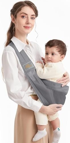 Baby Sling Carrier, Pure Cotton, Ergonomically Adjustable Baby Carrier Newborn to Toddler, Easy to Use, Portable, Ideal for 0-36 Months, Up to 33 lbs (Grey)