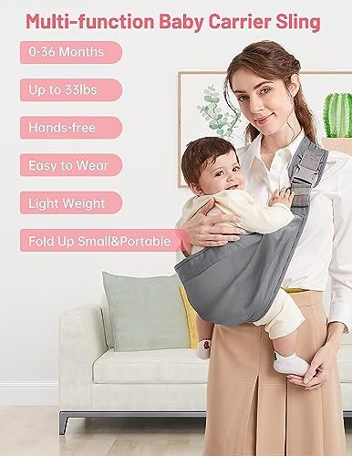 Baby Sling Carrier, Pure Cotton, Ergonomically Adjustable Baby Carrier Newborn to Toddler, Easy to Use, Portable, Ideal for 0-36 Months, Up to 33 lbs (Grey)
