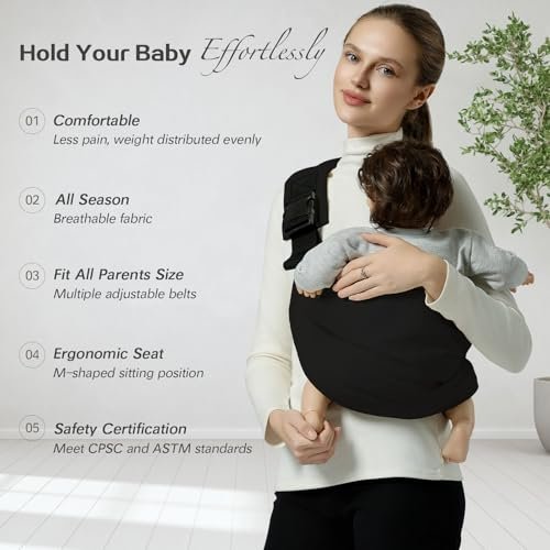 Baby Sling Carrier, Toddler Carrier Sling with Double Safety Buckle and Adjustable Shoulder Strap, Baby Carriers One Size Fits All, Black