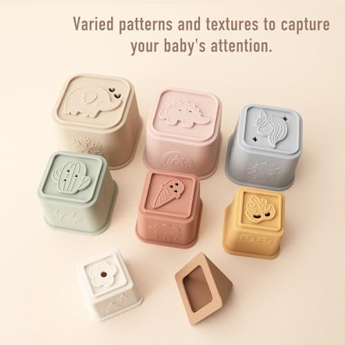 Baby Stacking Cups Toy, Silicone Stacking Tower, Silicone Soft Teething Toy Educational Baby Toys, Baby Building Toys Blocks, 6 Months+, 8 Pcs Set-Gentle