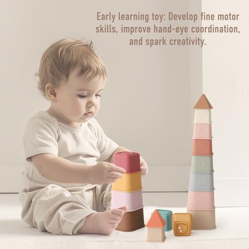 Baby Stacking Cups Toy, Silicone Stacking Tower, Silicone Soft Teething Toy Educational Baby Toys, Baby Building Toys Blocks, 6 Months+, 8 Pcs Set-Gentle