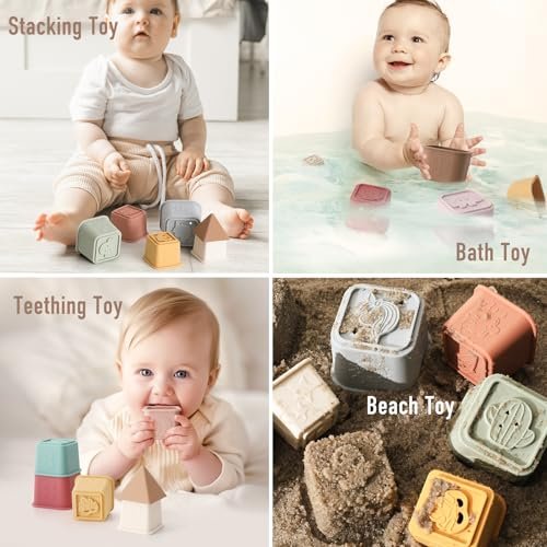 Baby Stacking Cups Toy, Silicone Stacking Tower, Silicone Soft Teething Toy Educational Baby Toys, Baby Building Toys Blocks, 6 Months+, 8 Pcs Set-Gentle
