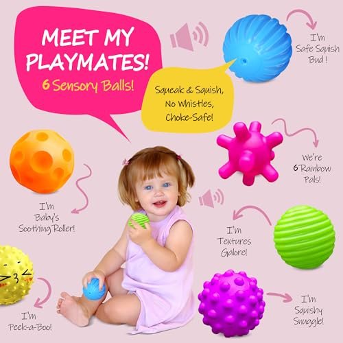 Baby Textured Multi Sensory Toys Massage Ball Gift Set BPA Free for Toddlers 1-3 Soft Balls Montessori Infant Baby Toys 6 to 12 Months 6 Pack