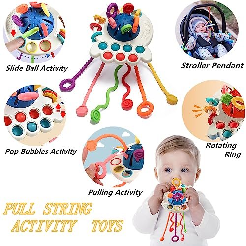 Baby Toys 6 to 12 Months, Montessori Toys for 1 Year Old, Silicone Pull String Teething Toy, Stacking Building Blocks Infant Toddler Toy 0-3, Color Shape Bin Sensory, Baby Boys&Girls Gifts