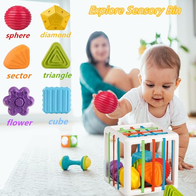 Baby Toys 6 to 12 Months, Montessori Toys for 1 Year Old, Silicone Pull String Teething Toy, Stacking Building Blocks Infant Toddler Toy 0-3, Color Shape Bin Sensory, Baby Boys&Girls Gifts
