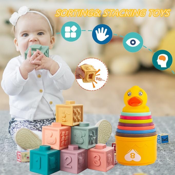 Baby Toys 6 to 12 Months, Montessori Toys for 1 Year Old, Silicone Pull String Teething Toy, Stacking Building Blocks Infant Toddler Toy 0-3, Color Shape Bin Sensory, Baby Boys&Girls Gifts
