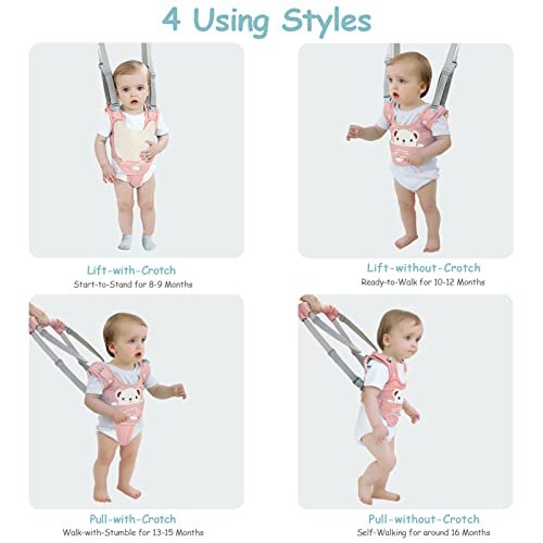 Baby Walking Harness Handheld Baby Walker Assistant Belt Adjustable Toddler Infant Walker Safety Harnesses Standing Up and Walking Learning Helper with Detachable Crotch for 9-24 Month (Pink)