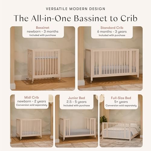 babyletto Rolli 9-in-1 Convertible Baby Crib w/Wheels - Includes Conversion Kits for Bassinet, Standard Crib, Toddler Bed, Daybed & Junior Bed - GREENGUARD Gold - 3 Adjustable Heights, Washed Natural