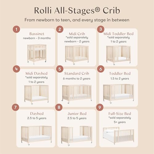 babyletto Rolli 9-in-1 Convertible Baby Crib w/Wheels - Includes Conversion Kits for Bassinet, Standard Crib, Toddler Bed, Daybed & Junior Bed - GREENGUARD Gold - 3 Adjustable Heights, Washed Natural