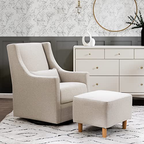 Babyletto Toco Upholstered Swivel Glider and Stationary Ottoman in Performance Beach Eco-Weave, Water Repellent & Stain Resistant, Greenguard Gold Certified