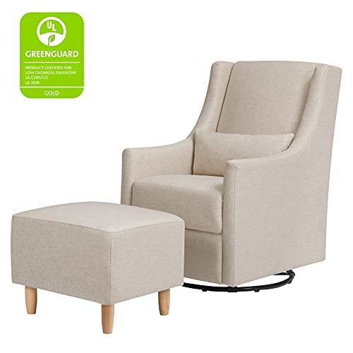 Babyletto Toco Upholstered Swivel Glider and Stationary Ottoman in Performance Beach Eco-Weave, Water Repellent & Stain Resistant, Greenguard Gold Certified