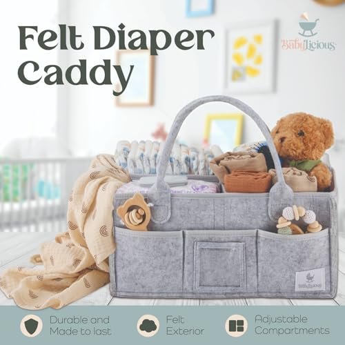 Babylicious Baby Diaper Caddy Organizer | Felt Changing Table Organizer - Large | Diaper Organizer for Changing Table | Name Card Included - Newborn Essentials Must Haves for Parents Heather Grey