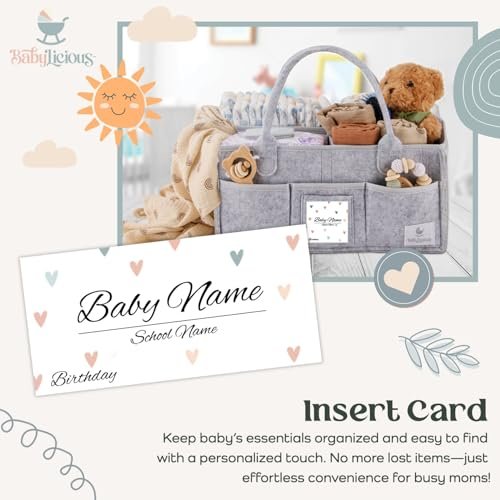 Babylicious Baby Diaper Caddy Organizer | Felt Changing Table Organizer - Large | Diaper Organizer for Changing Table | Name Card Included - Newborn Essentials Must Haves for Parents Heather Grey