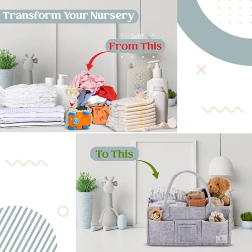 Babylicious Baby Diaper Caddy Organizer | Felt Changing Table Organizer - Large | Diaper Organizer for Changing Table | Name Card Included - Newborn Essentials Must Haves for Parents Heather Grey