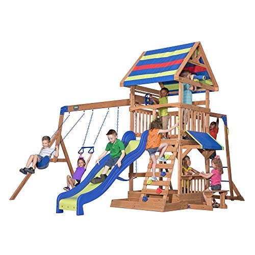 Backyard Discovery Beach Front Cedar Wood Swing Set with Wave Slide, Play Deck, Monkey Bars, Rock Wall Ladder, Shaded Picnic Area, Snack Bar, Belt Swings, Trapeze, Sandbox Area, Outdoor Playset