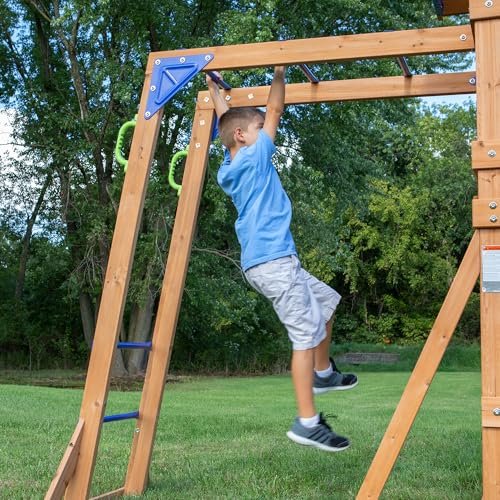 Backyard Discovery Beach Front Cedar Wood Swing Set with Wave Slide, Play Deck, Monkey Bars, Rock Wall Ladder, Shaded Picnic Area, Snack Bar, Belt Swings, Trapeze, Sandbox Area, Outdoor Playset