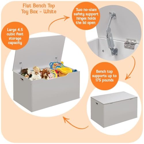 Badger Basket Kids Toy Box Bench - Wooden Chest with Flip-Top Lid, Safety Hinges & 4.5 Cubic Feet Storage Capacity - Stylish Storage Organizer for Toys, Books & Nursery Essentials - White