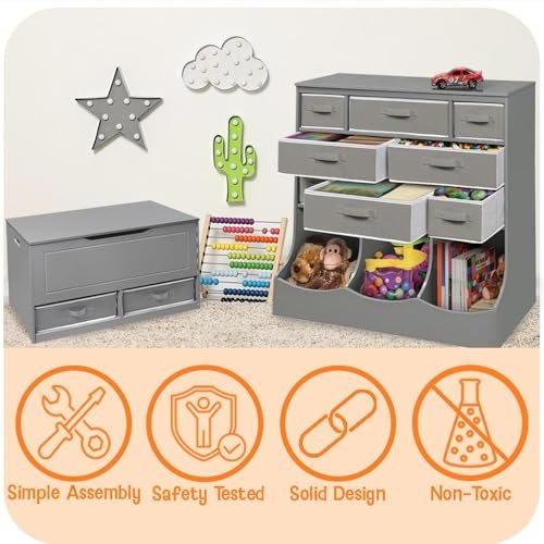 Badger Basket Kids Toy Box Bench - Wooden Chest with Flip-Top Lid, Safety Hinges & 4.5 Cubic Feet Storage Capacity - Stylish Storage Organizer for Toys, Books & Nursery Essentials - White