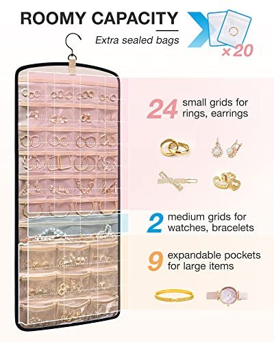 BAGSMART Hanging Jewelry Organizer, Necklace Holder Anti-tangle Earrings Rings Hanger with 20 Jewelry Bags Travel Storage Roll with Pockets Hang on Closet, Wall, Door,1 Piece, Large, Black
