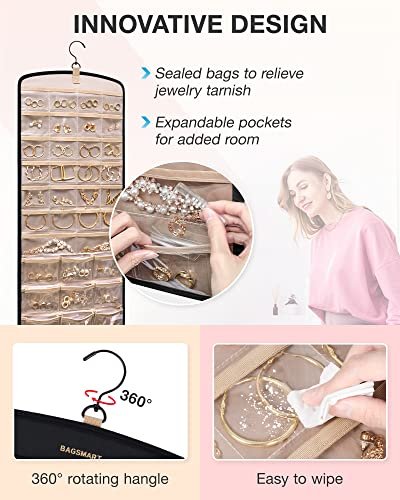 BAGSMART Hanging Jewelry Organizer, Necklace Holder Anti-tangle Earrings Rings Hanger with 20 Jewelry Bags Travel Storage Roll with Pockets Hang on Closet, Wall, Door,1 Piece, Large, Black